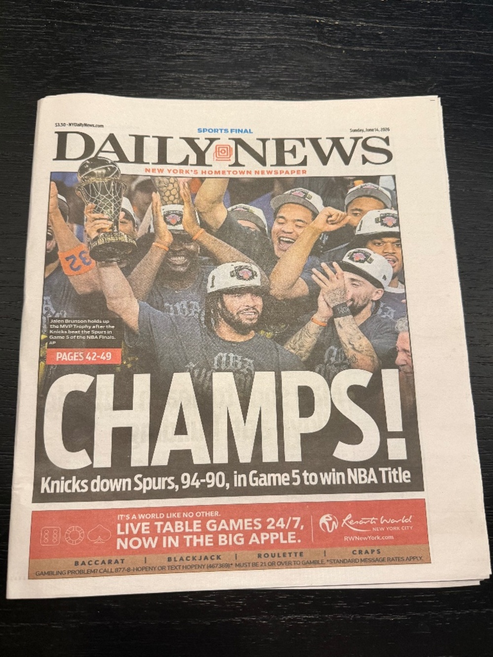New York Daily News NEW YORK KNICKS WIN NBA FINALS CHAMPIONSHIP